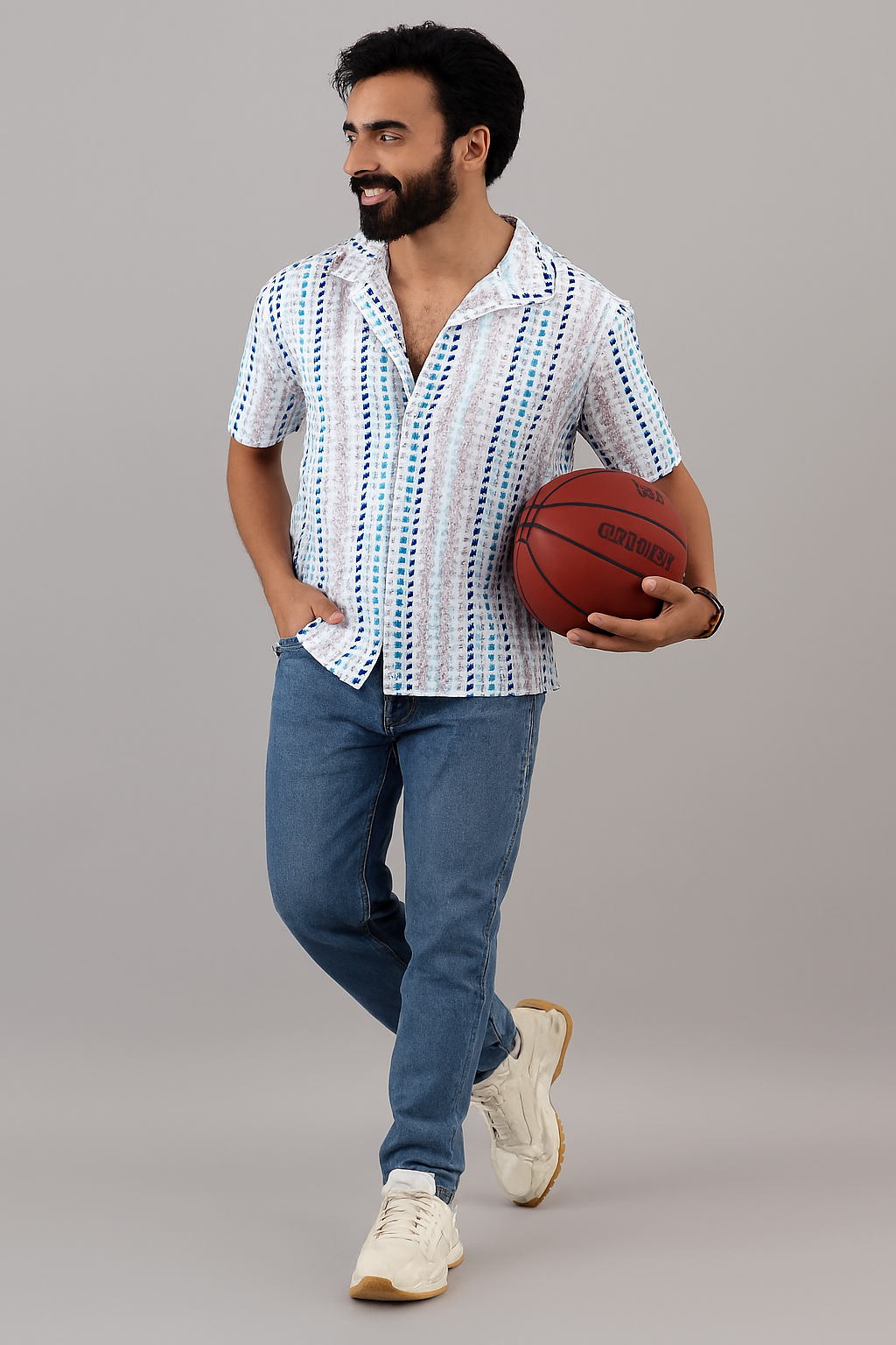 Printed Cotton Shirt – White Base with Blue Geometric Pattern | Casual Summer Style