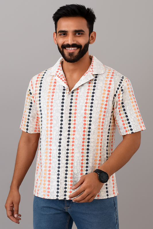 Retro Dot Cascade Shirt – Cream Base with Orange & Black Accents