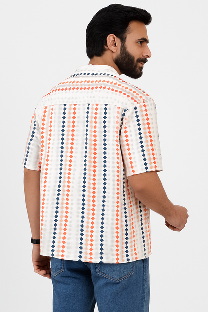 Retro Dot Cascade Shirt – Cream Base with Orange & Black Accents