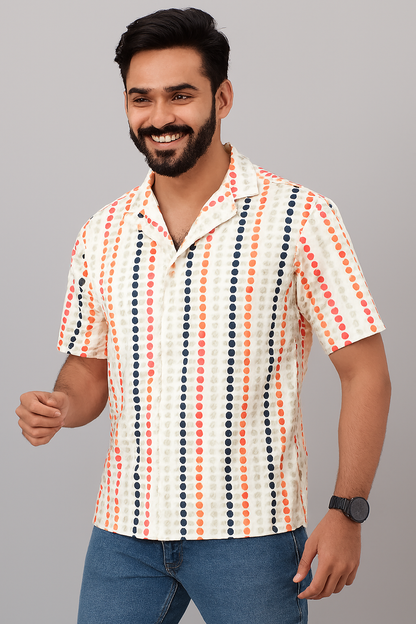 Retro Dot Cascade Shirt – Cream Base with Orange & Black Accents