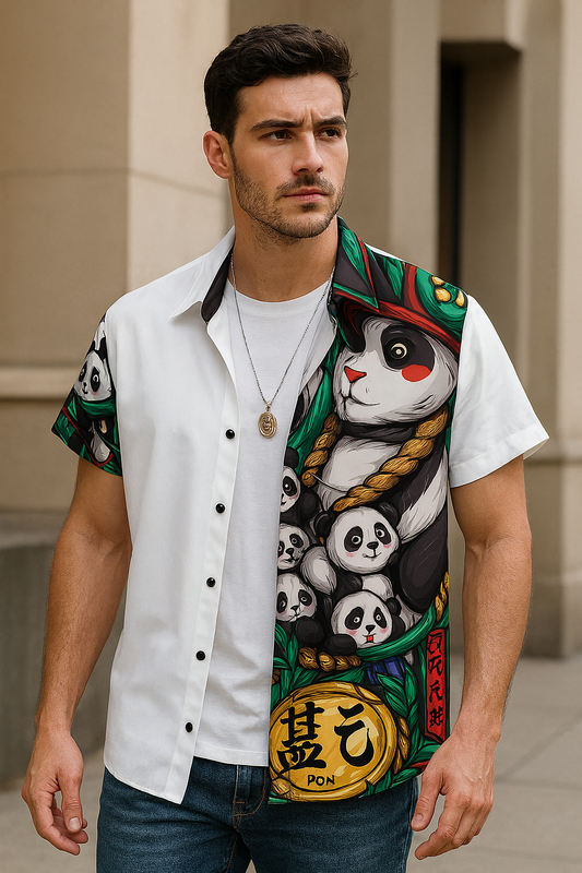 Panda Samurai Split Shirt – Bold Graphic Print with Bamboo Sleeve Detail