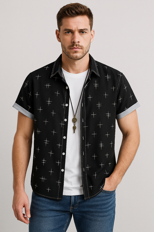 Black Crosshatch Casual Shirt – Modern Fit, Layer-Ready, Statement Style