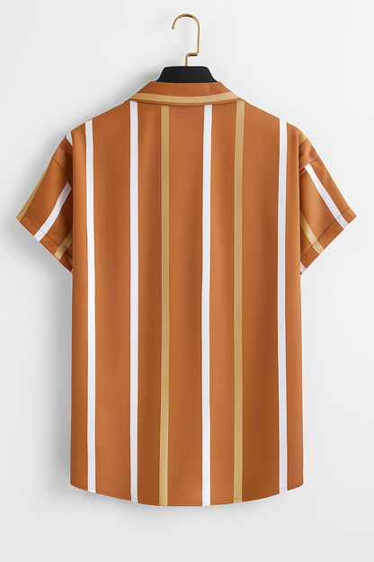 Earth-Tone Striped Layered Shirt – Casual Short Sleeve Button-Up