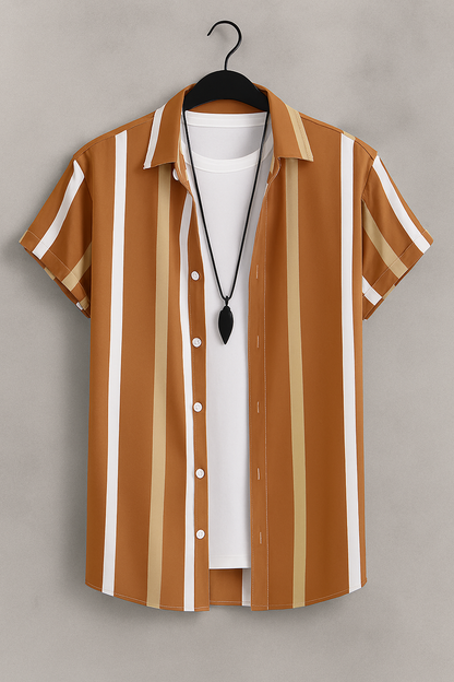 Earth-Tone Striped Layered Shirt – Casual Short Sleeve Button-Up