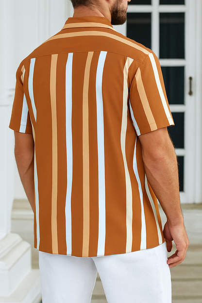 Earth-Tone Striped Layered Shirt – Casual Short Sleeve Button-Up