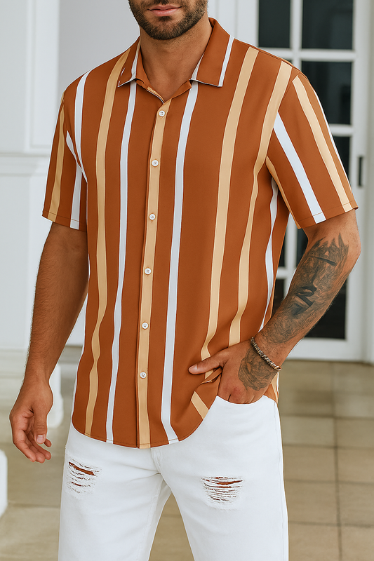 Earth-Tone Striped Layered Shirt – Casual Short Sleeve Button-Up