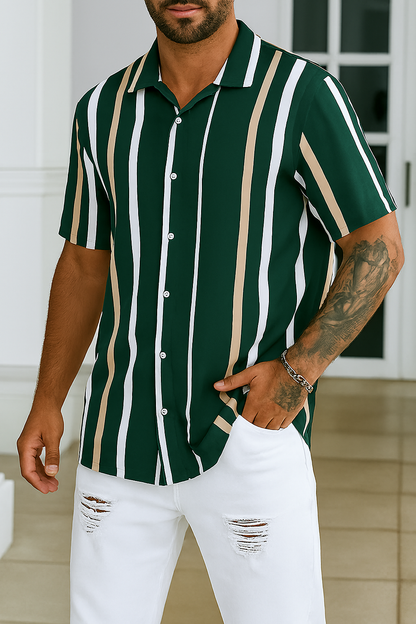Forest Green Vertical Stripe Shirt – Short Sleeve Casual Button-Up