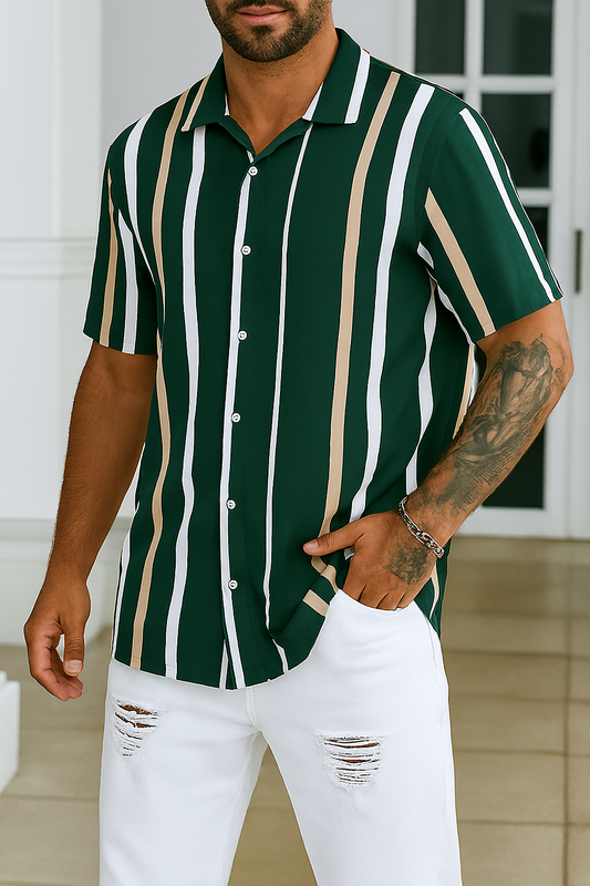Forest Green Vertical Stripe Shirt – Short Sleeve Casual Button-Up