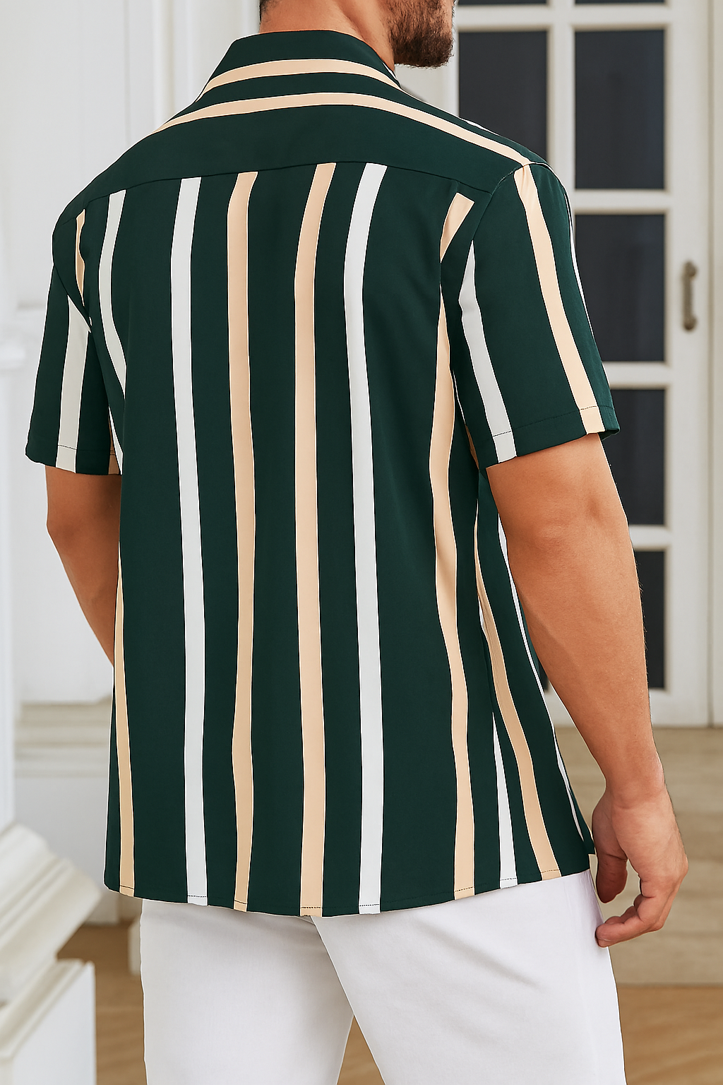 Forest Green Vertical Stripe Shirt – Short Sleeve Casual Button-Up