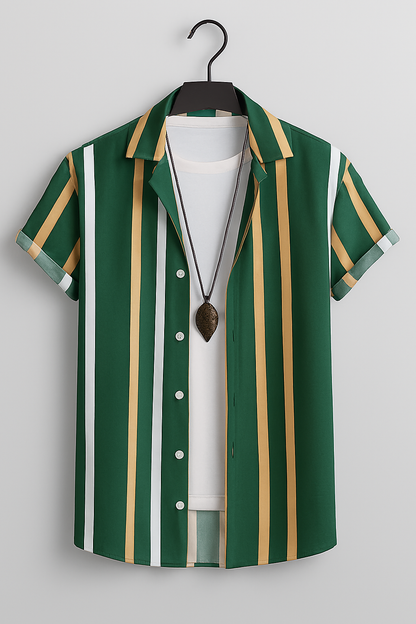 Forest Green Vertical Stripe Shirt – Short Sleeve Casual Button-Up