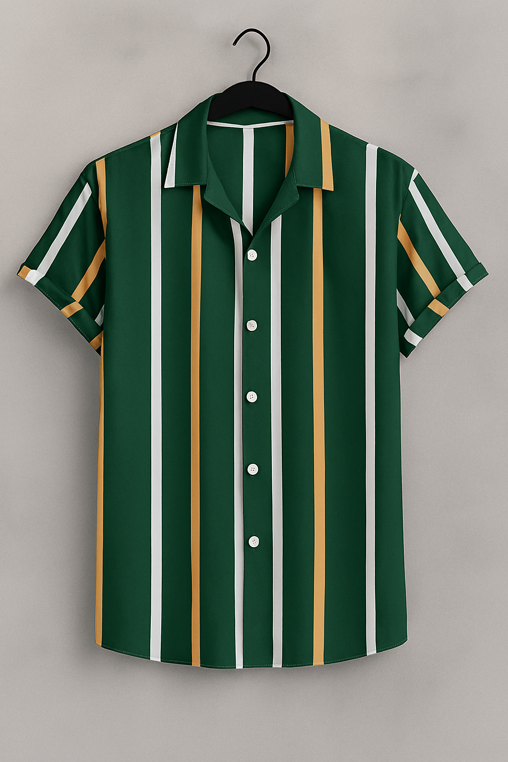Forest Green Vertical Stripe Shirt – Short Sleeve Casual Button-Up