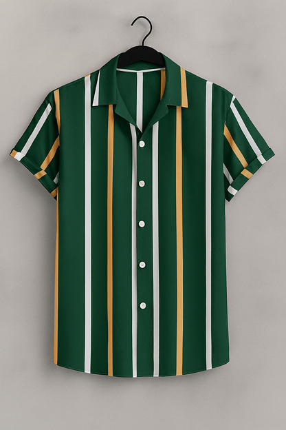 Forest Green Vertical Stripe Shirt – Short Sleeve Casual Button-Up