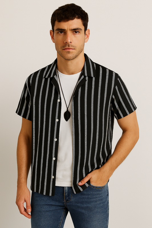 Monochrome Striped Button-Up Shirt – Casual Streetwear with Layered Look
