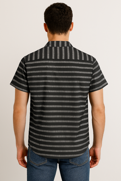 Monochrome Striped Button-Up Shirt – Casual Streetwear with Layered Look