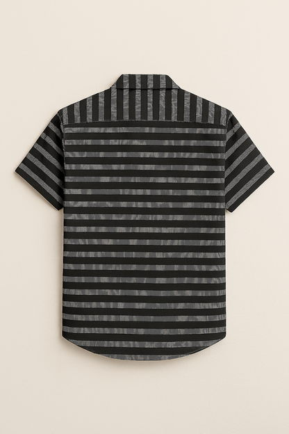 Monochrome Striped Button-Up Shirt – Casual Streetwear with Layered Look