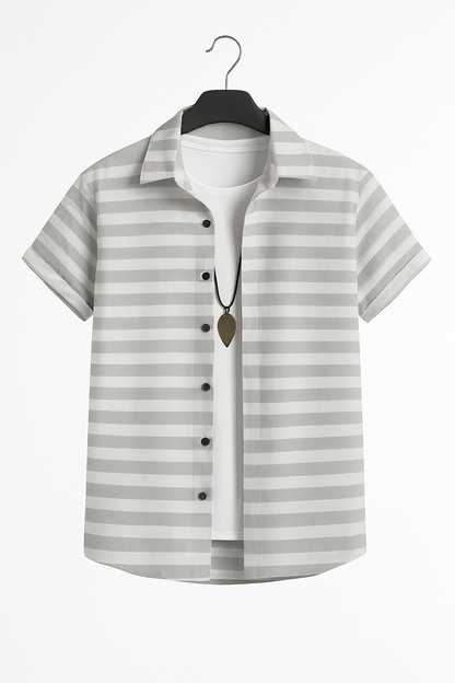Premium Gray Striped Short Sleeve Shirt – Casual Streetwear Button-Up
