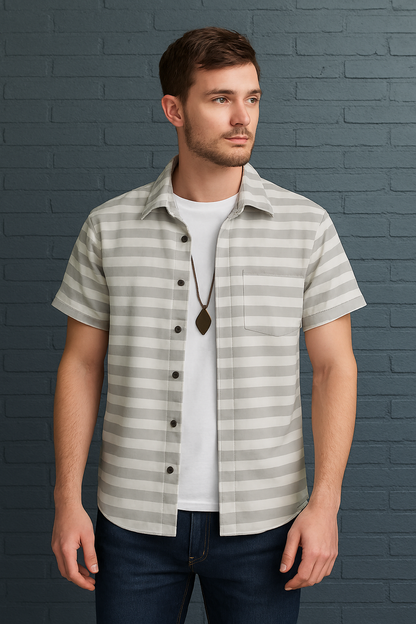 Premium Gray Striped Short Sleeve Shirt – Casual Streetwear Button-Up