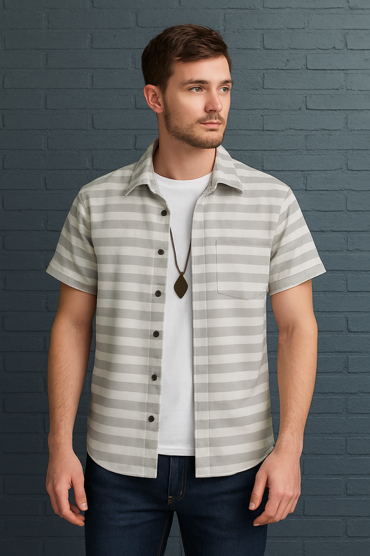 Premium Gray Striped Short Sleeve Shirt – Casual Streetwear Button-Up
