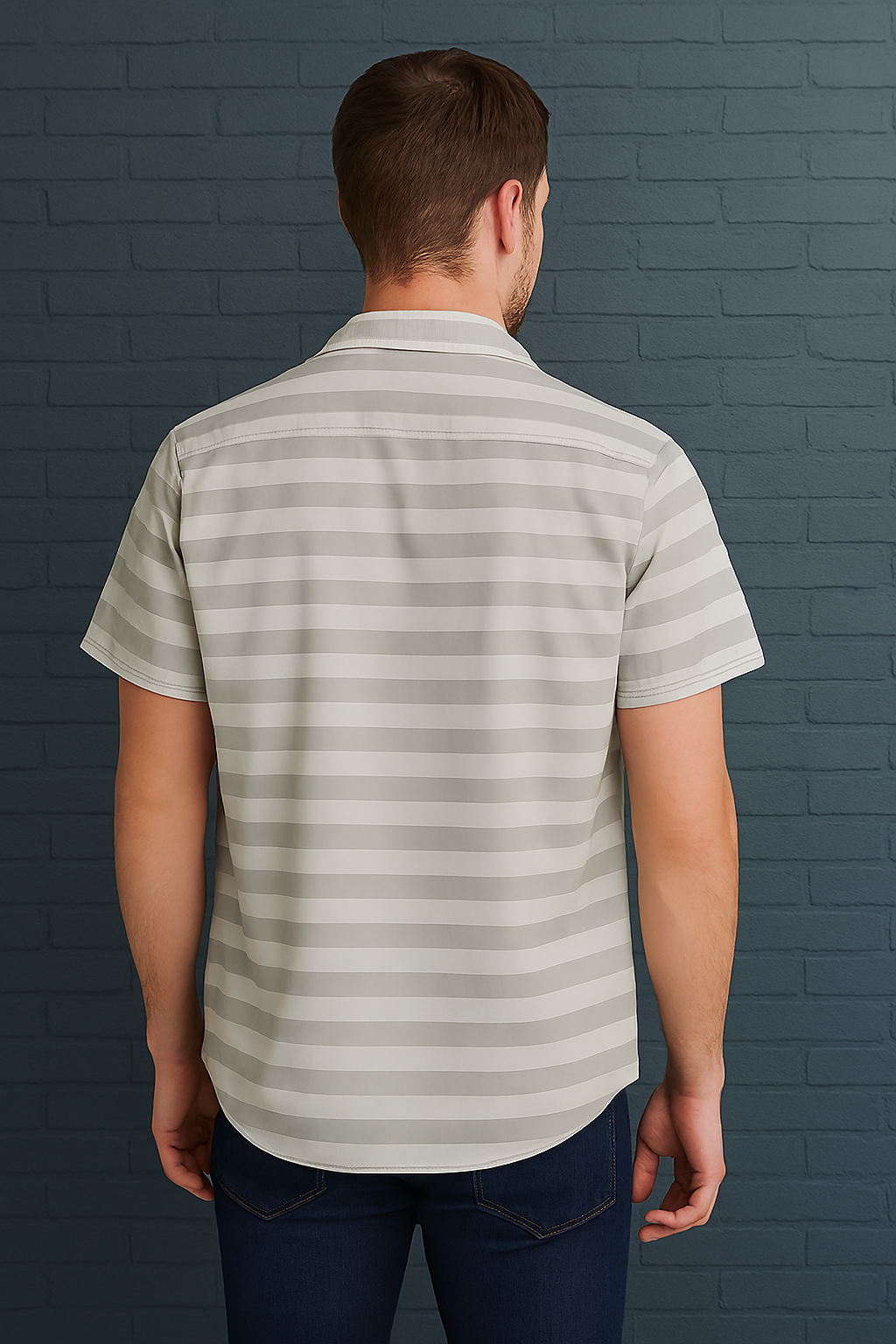 Premium Gray Striped Short Sleeve Shirt – Casual Streetwear Button-Up