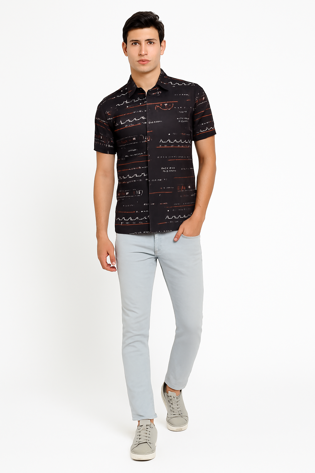 Tribal Print Button-Up Shirt – Black & Rust Geometric Design | Streetwear Casual