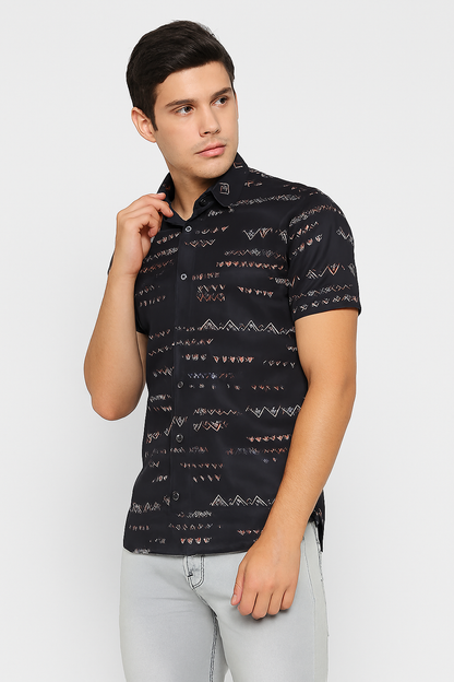 Tribal Print Button-Up Shirt – Black & Rust Geometric Design | Streetwear Casual