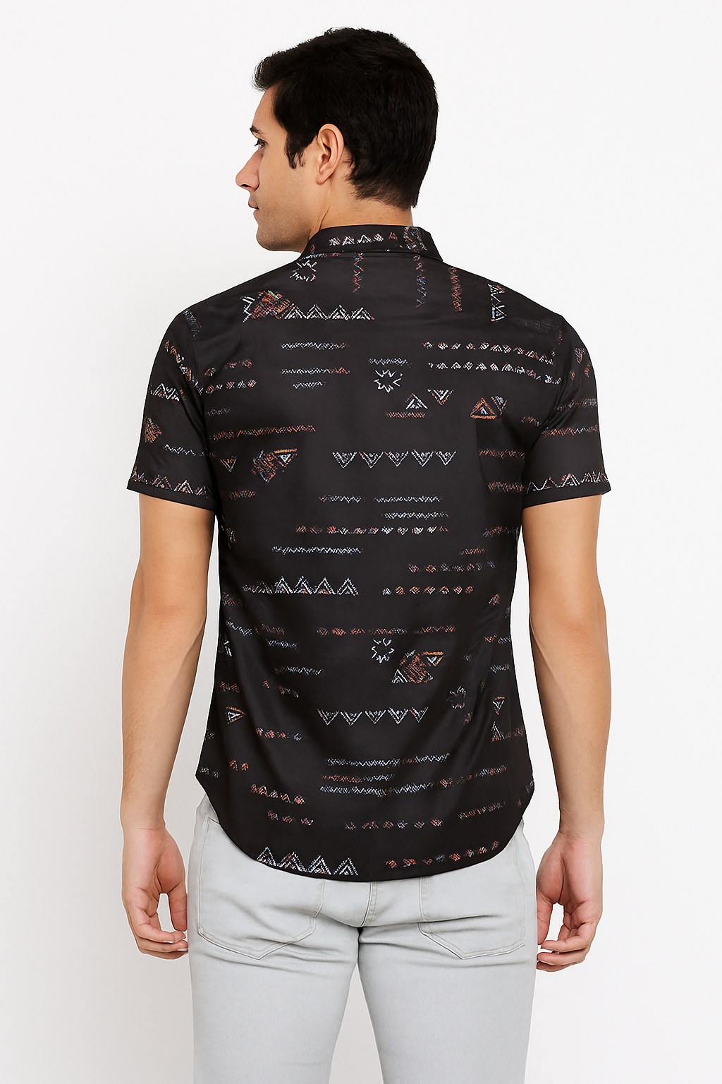 Tribal Print Button-Up Shirt – Black & Rust Geometric Design | Streetwear Casual