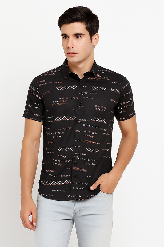 Tribal Print Button-Up Shirt – Black & Rust Geometric Design | Streetwear Casual