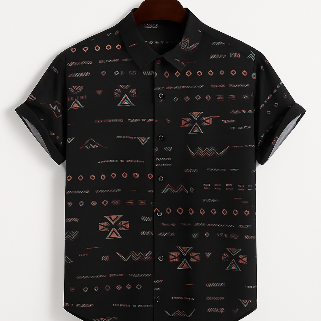 Tribal Print Button-Up Shirt – Black & Rust Geometric Design | Streetwear Casual