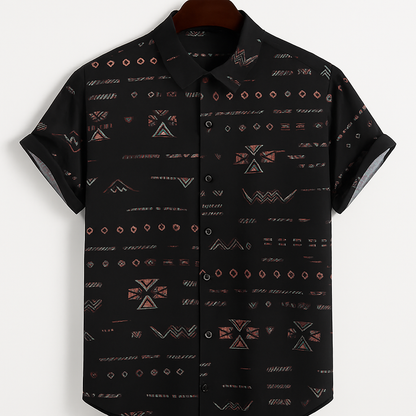 Tribal Print Button-Up Shirt – Black & Rust Geometric Design | Streetwear Casual