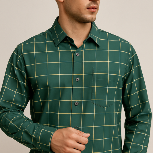 Forest Green Plaid Button-Down Shirt – Casual Long Sleeve with Back Button Detail