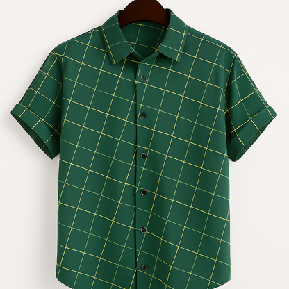 Forest Green Plaid Button-Down Shirt – Casual Long Sleeve with Back Button Detail