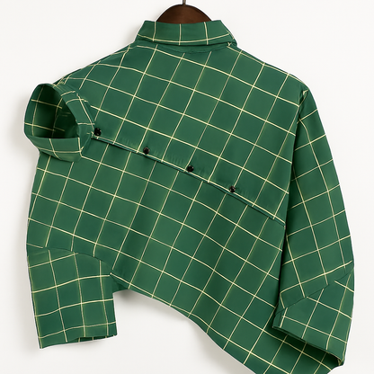 Forest Green Plaid Button-Down Shirt – Casual Long Sleeve with Back Button Detail