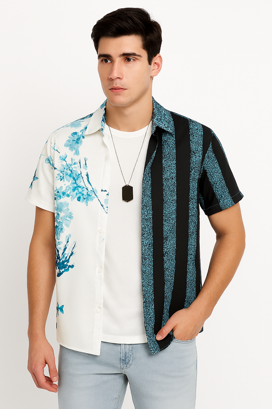 Split Pattern Floral & Paisley Shirt – Turquoise Blossom & Stripe Fusion