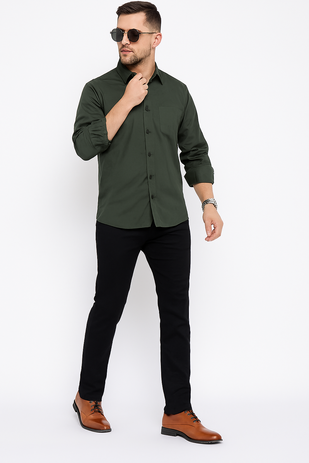 Olive Green Smart Casual Shirt – Modern Fit | Streetwear-Inspired Elegance