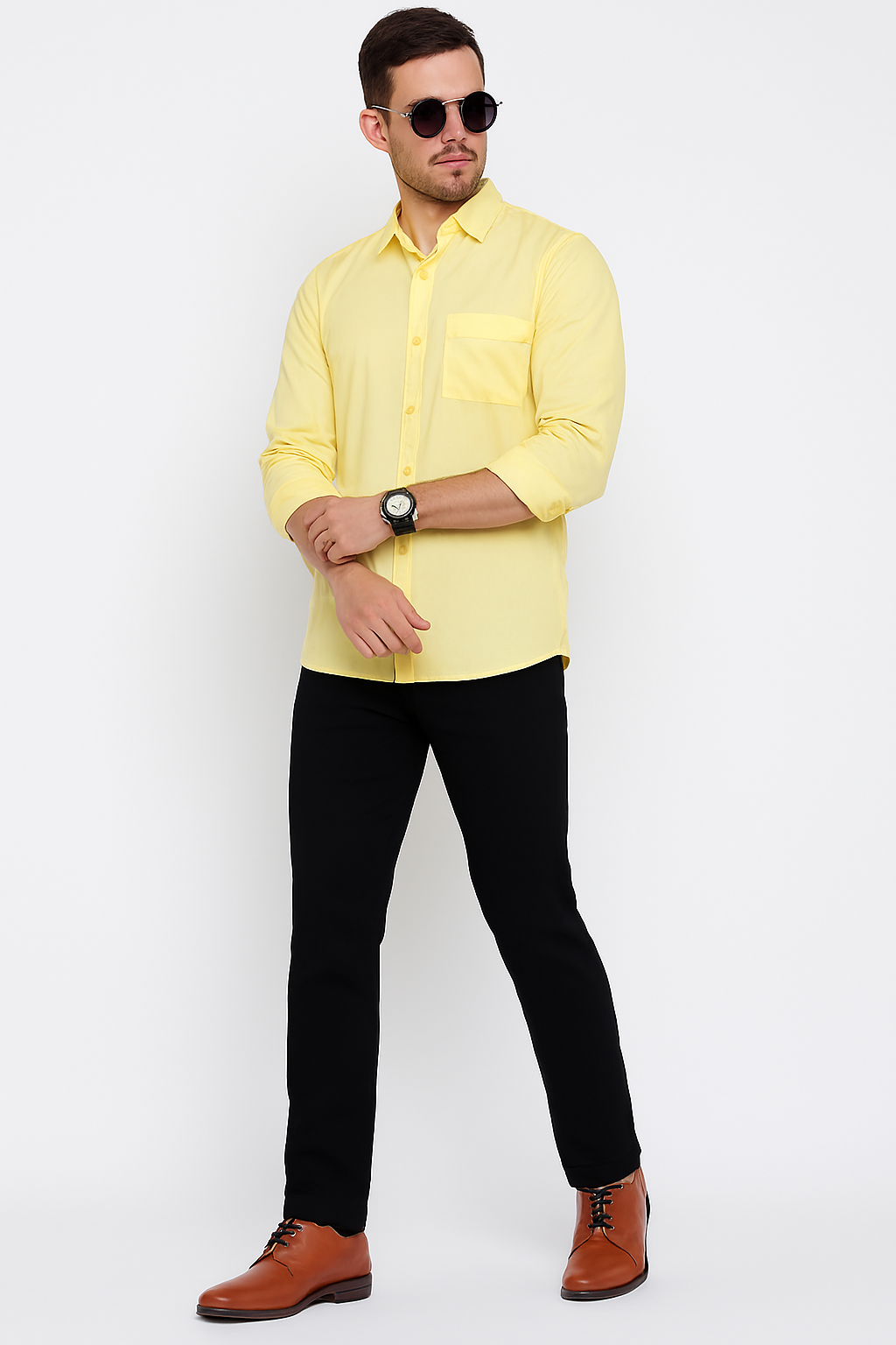 Pastel Yellow Casual Shirt for Men – Rolled Sleeve Modern Fit | Lightweight Streetwear Essential