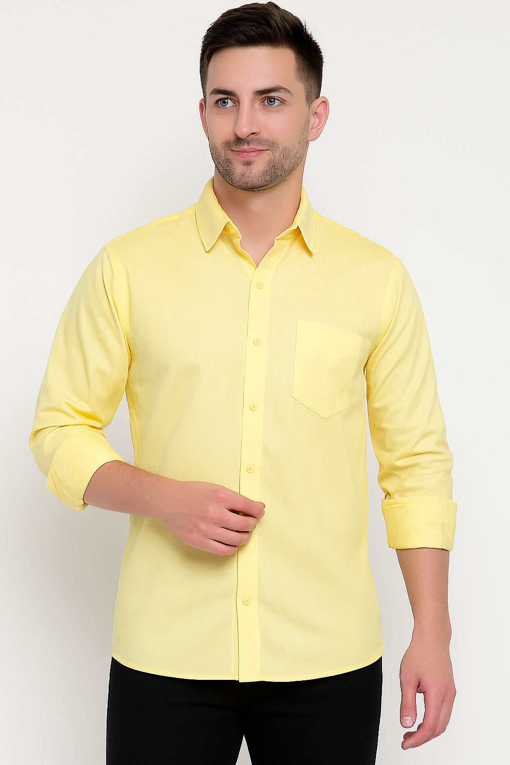 Pastel Yellow Casual Shirt for Men – Rolled Sleeve Modern Fit | Lightweight Streetwear Essential